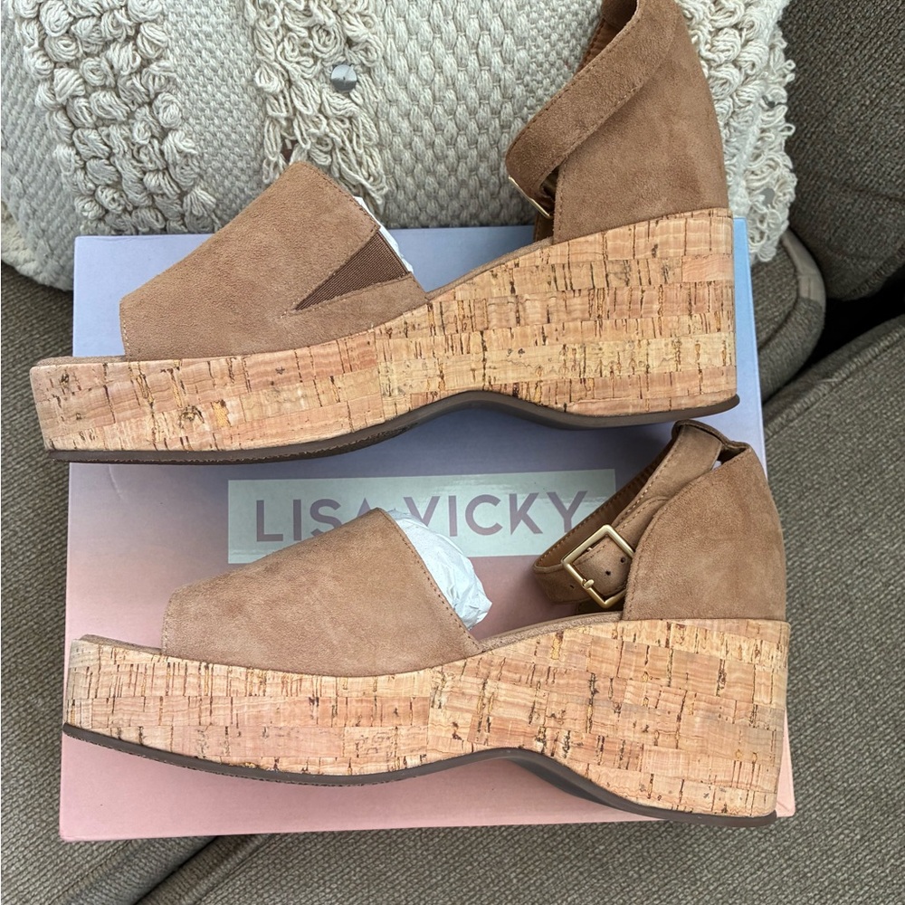 Lisa Vicky Nordstrom NEW Tan Suede Leather -Cork Platform Wedges Size 10